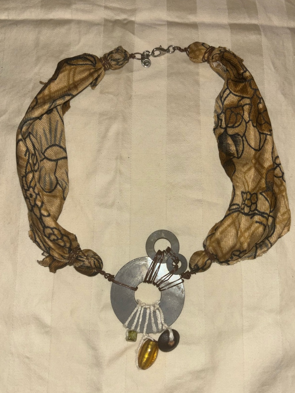 Handmade Bohemian Fabric Statement Necklace w/ Asymmetrical Charm Pendant